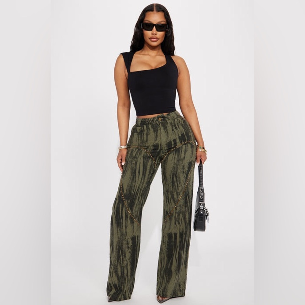 Concrete Safari Studded Wide Leg Pant - Olive from fashion nova size small